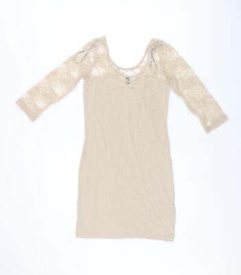 H&M Womens Beige Polyester Blend Bodycon Size 8- Lace Sleeves and