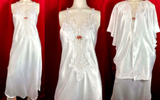 80s California Dynasty Pearl Satin Nightgown Lace Rose Peignoir Wedding Bridal