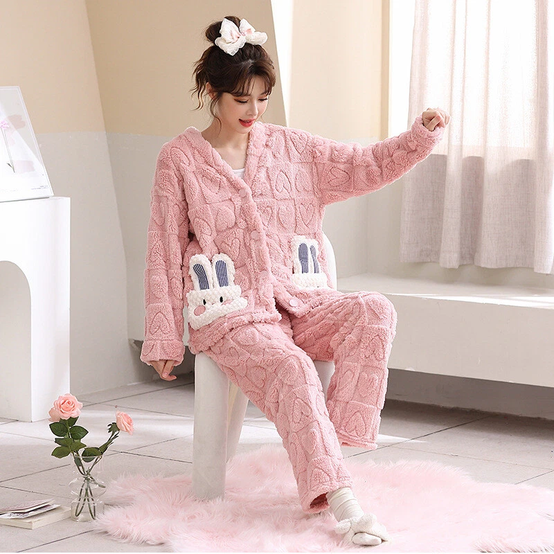 Winter Women s Thicken Warm Flannel Pajamas Set Cute Rabbit Print