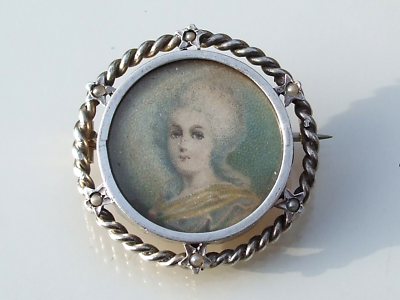 Ancienne Broche En Laiton Avec Peinture Miniature – Vintage – Occasion