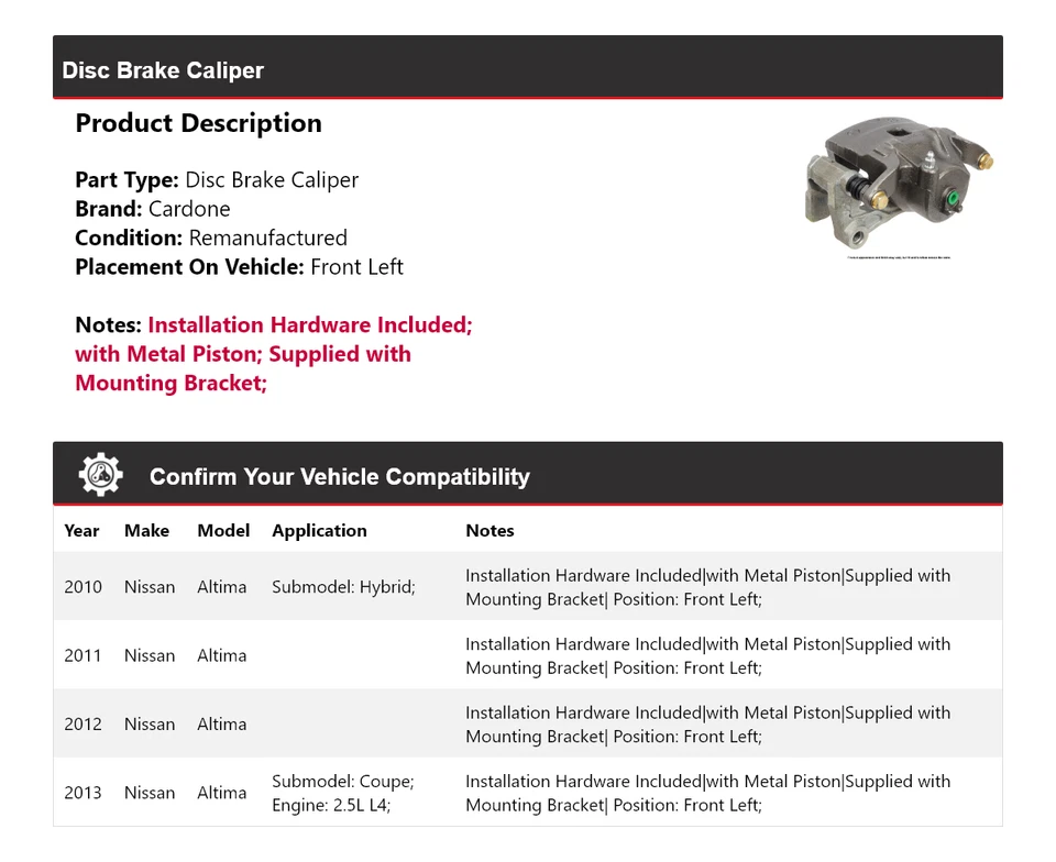 For 2010-2013 Nissan Altima Disc Brake Caliper Front Left Cardone 2011 2012 - Image 2 of 4