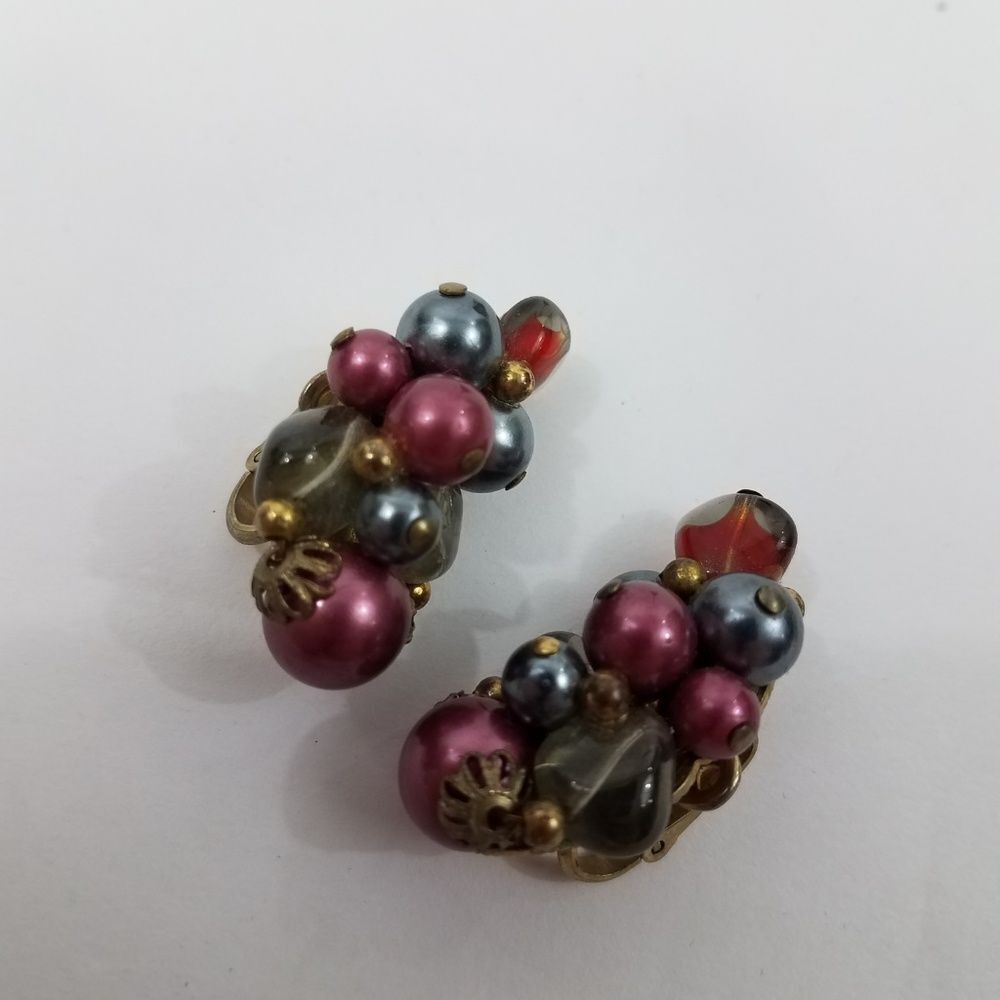 Trifari Clip on Earrings Cluster Beaded Pink Blue… - image 5
