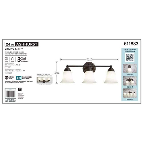 Hampton Bay Ashhurst 3-Light Oil Rubbed Bronze Vanity Light Frosted Glass Shades - Picture 7 of 8