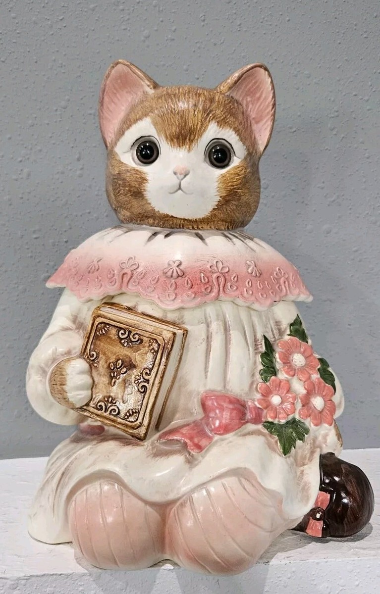 Vintage Japan Emily the Cat Cookie Jar Holding Book and Flowers