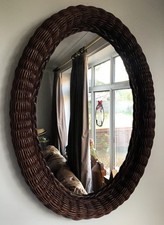 Vintage Brown Wicker Framed Oval Wall Mirror Country Cottagecore.
