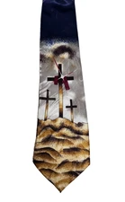 Steven Harris Religious Cross Necktie Christian Crucifixion Landscape Tie Vtg