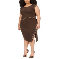 NWT MICHAEL Michael Kors chocolate color Astor studded side slit midi dress Siz