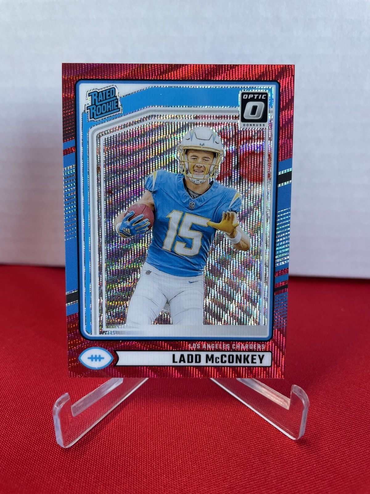 2024 Donruss - Rated Rookie Ladd McConkey #328 Optic Preview Red Wave Prizm (RC)