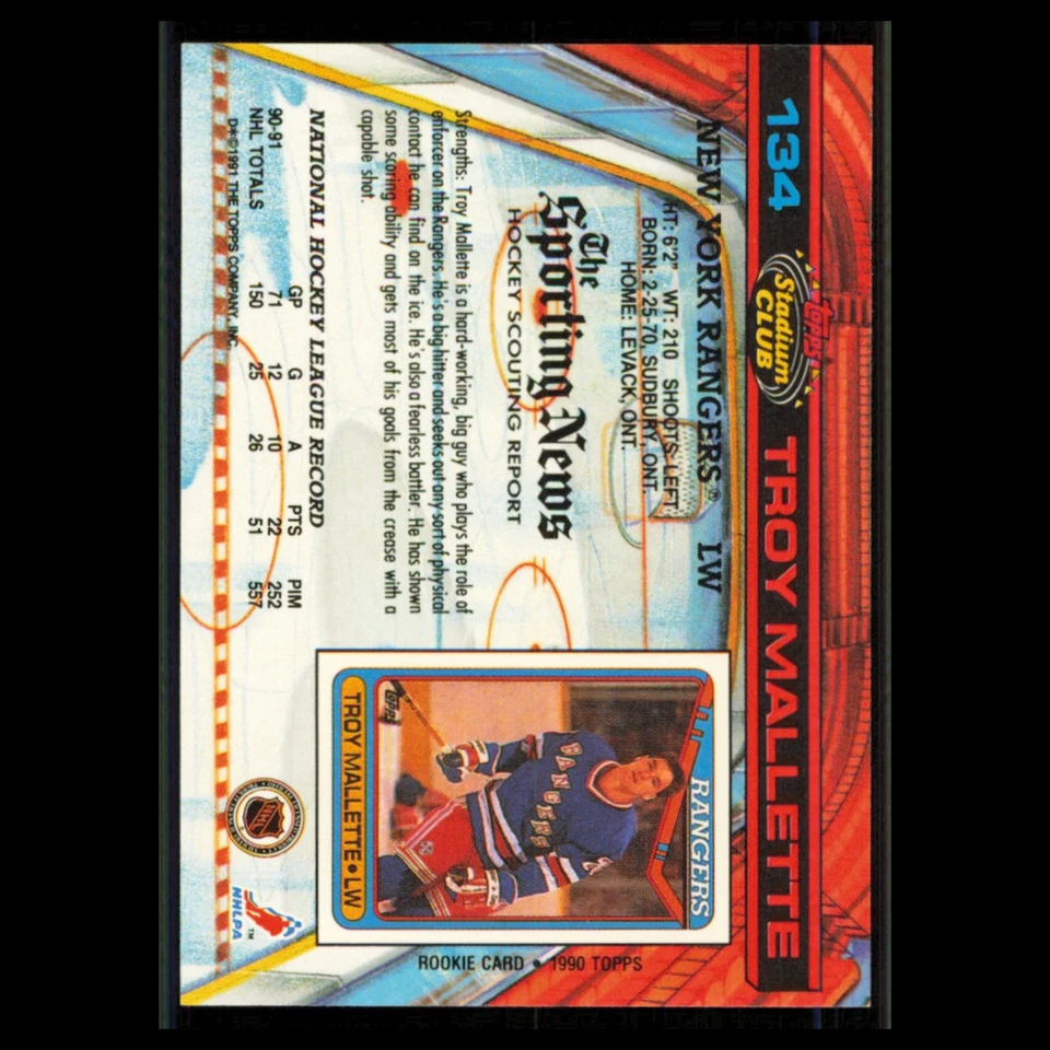 Troy Mallette #134 1991 Topps Stadium Club New York Rangers Hockey Card NHL NM - Image 2 of 3