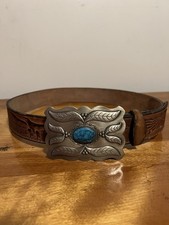 Bell Nickel Silver Belt Buckle, Faux Turquoise, w/Leather Belt, Western