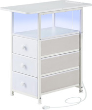 Narrow End Table with Charging Station, Narrow Side Table with 3 Fabric Drawers