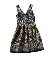 Floral Sleeveless A-Line Dress Navy/Yellow Medium Cotton V-Neck Back Fit  Flare