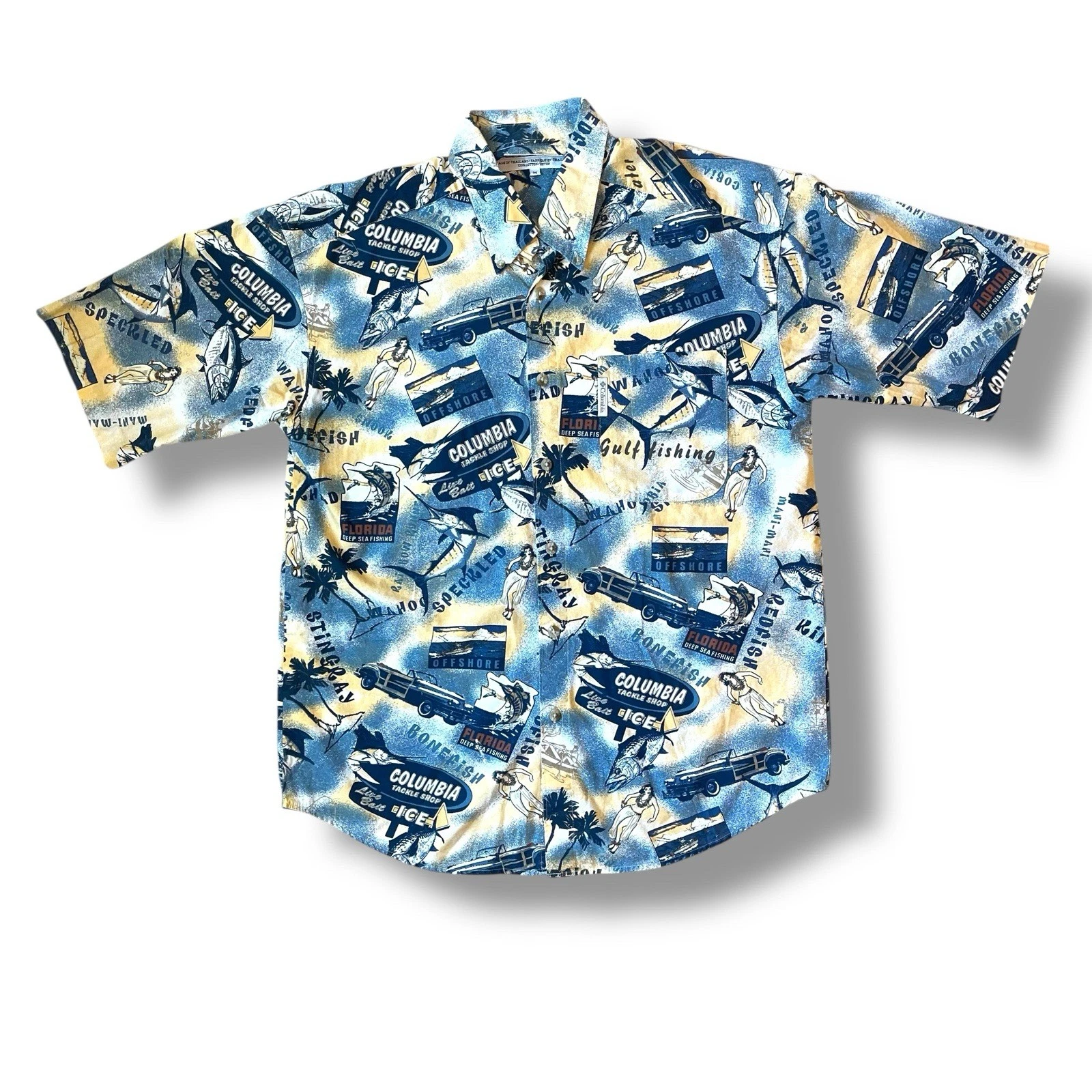 Vintage Columbia Sportswear Florida Deep Sea Fishing Shirt M | Blue Yellow Fish