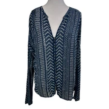 Lucky Brand Button Up Print Top Blouse Long Sleeve Blue White Size Large