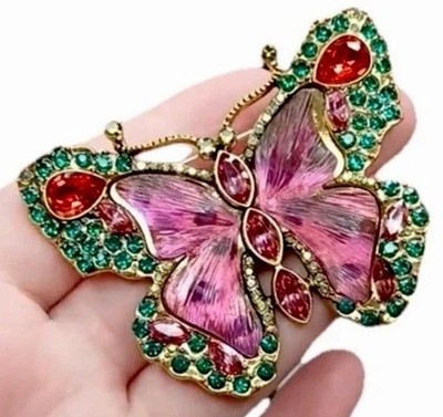 Heidi Daus Inspired Butterfly Brooch Goldtone w/Frosted 3D Pink & Green Crystals