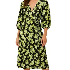 MANGO XL Floral Wrap Midi Dress V-Neck Balloon Sleeve  Print sz 20 cottage core