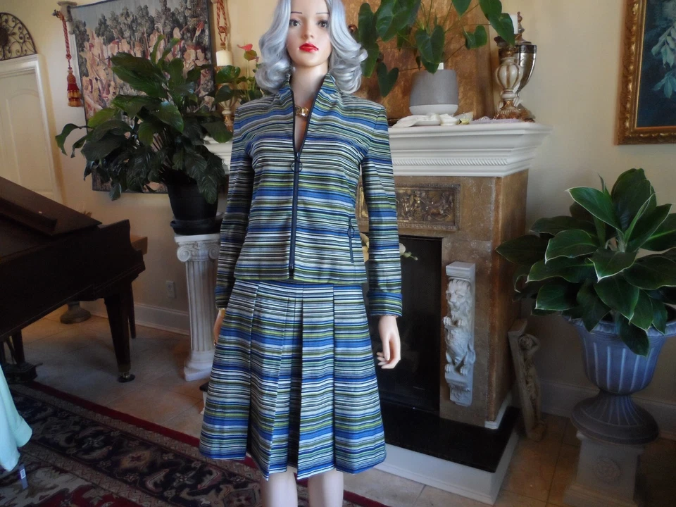 Akris Punto для Bergdorf Goodman зеленый многоцветный в полоску юбка костюм размер США 4 - Изображение 2 из 4