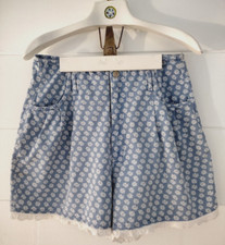 Vtg 80s Highwaist Denim Jeans Shorts Floral Light Blue Pleated Front Lace Sz 12