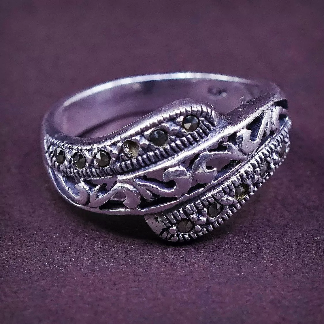 sz 6 vtg MC Sterling silver handmade ring 925 filigree w marcasite