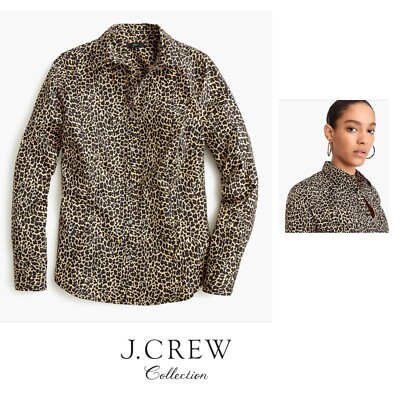 NEW J. Crew Woman's Classic Curvy Stretch Perfect Shirt Leopard Print 00P Button