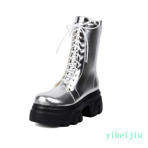Damen Gothic Runde Spitze Stiefeletten Plateau Dicke Sohle High Top Absatz Schuhe Lady - Bild 11 von 28