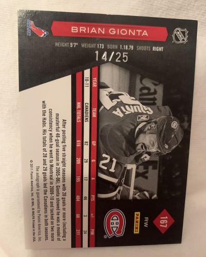 2011-2012 LIMITED BRIAN GIONTA MONIKERS AUTOGRAPH CARD 14/25 CANADIENS - Picture 2 of 2