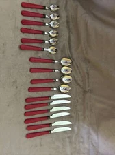 MCM Red Handle Soup Spoons (4), Regular Spoons (6), Knives (6) Unbranded