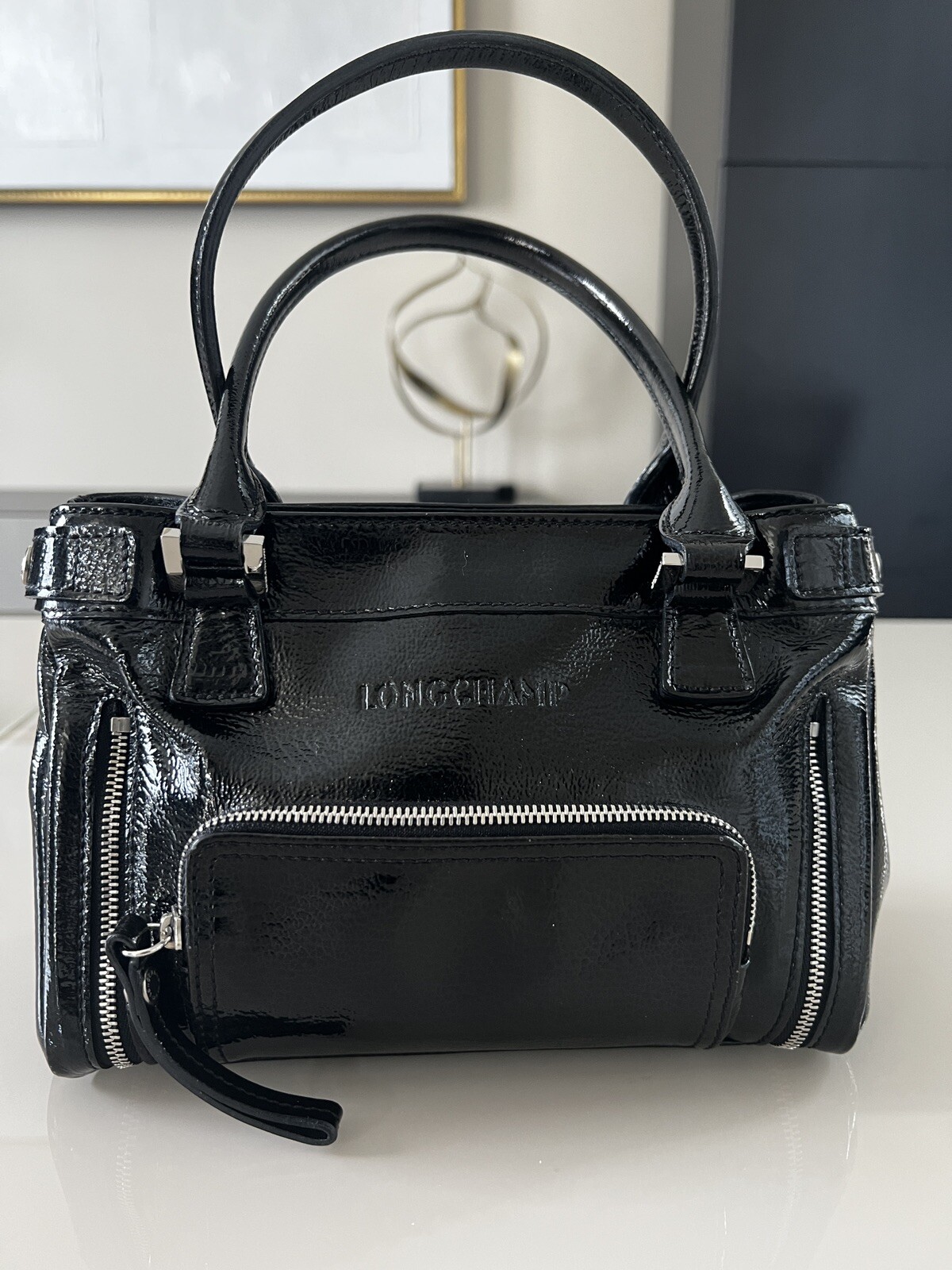 Longchamp Black Patent Leather Shoulder Purse Gem