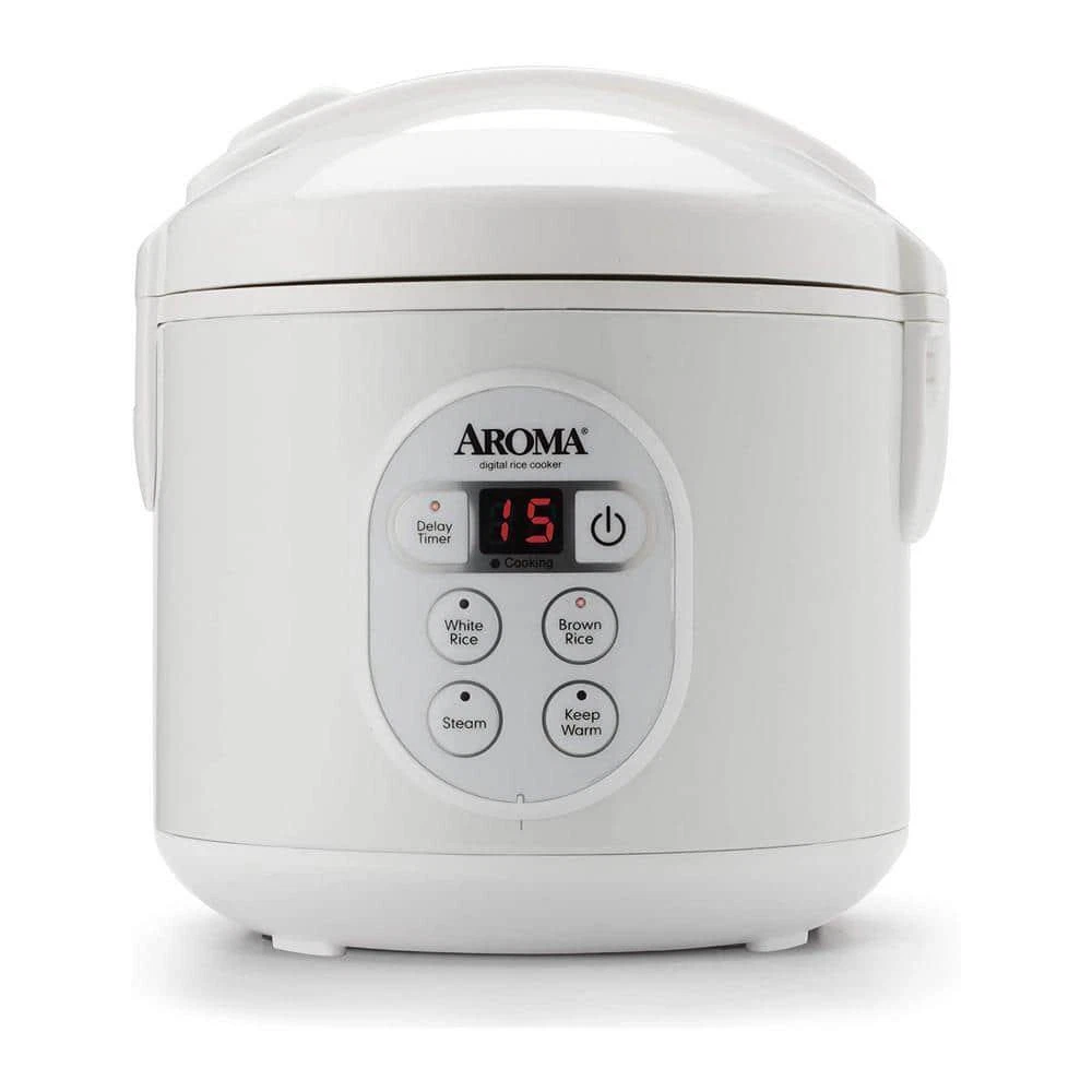 Aroma Rice Cooker White Digital Control Panel Cool-Touch Steamer Timer Keep Warm