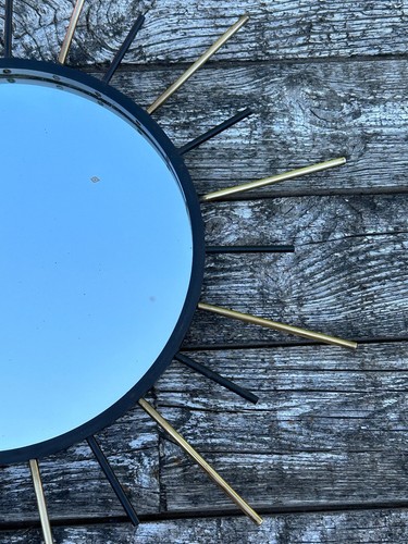 Miroir vintage 1960 soleil en fer noir et doré diamètre 47 cm - 第 3/10 張圖片