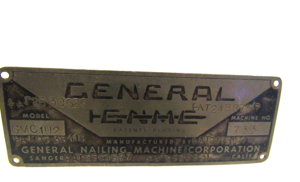 Vintage Sanger CA Metal Nailing Emblem by General Nailing Manufacturing