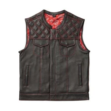SOA Men's Motorcycle Leather Club Vest w/t Red  w/ 2 Concealed Carry Pocket