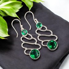 Green Emerald Gemstone Anniversary Dangling Hook Earrings 925 Sterling Silver