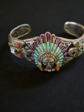 Navajo Jewelry Sterling Silver Multi Stone Indian Head Cuff