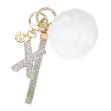 Initial Letter x Keychain with Pom and Rhinestone Wristlet, White