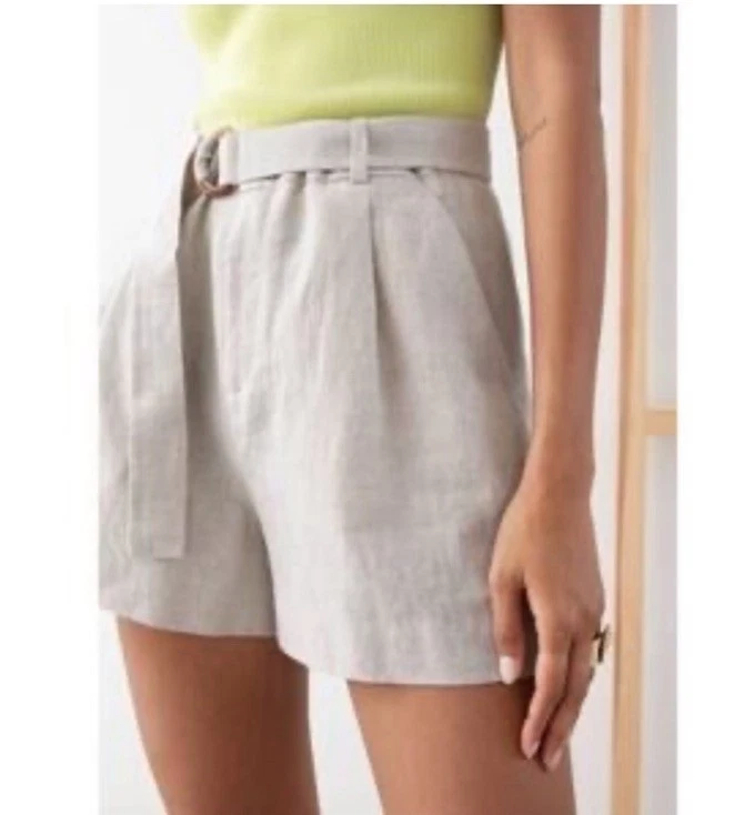 Elie Tahari Linen Blend Cream Pleated Shorts w Belt, Front Zipper Pocket 14
