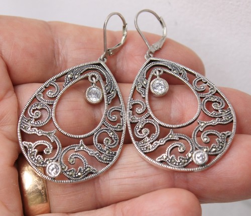 Vintage JG Signed Sterling Silver 925 Marcasite & Crystals Large Dangle Earrings - Picture 3 of 8
