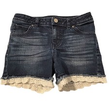 Cat  Jack Denim Shorts Girls M 7/8 Dark Wash Lace Hem Adj Waist Snap Button