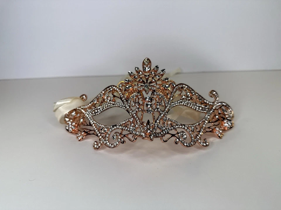 Rose Gold Rhinestone Masquerade Mask – Venetian Lace Metal Party Costume Ball - Image 4 of 4