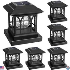 Solar Fence Post Lights, Crackle Glass, 20 Lumens, Warm White & RGB, 6 Pack