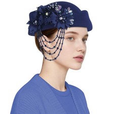 Women Vintage Felt Beret Hat Floral Derby Church Headwrap Style Cap