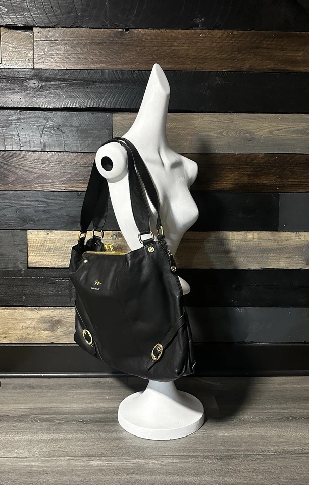 Emma Fox Kiss Lock Black Leather Handbag XL Size Gold Hardware Designer Purse - Image 2 of 4