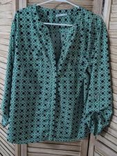 Notations Shirt Women XL Multi Geo Print Green Chest Pockets Collar Button Down