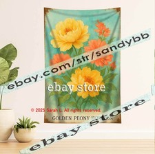 Golden Peony Horizon Art Tapestry warm botanical print banner 39X59 in