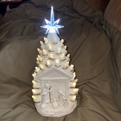 Vintage Style Lighted White Ceramic Christmas Tree w/  Nativity Scene app. 13 