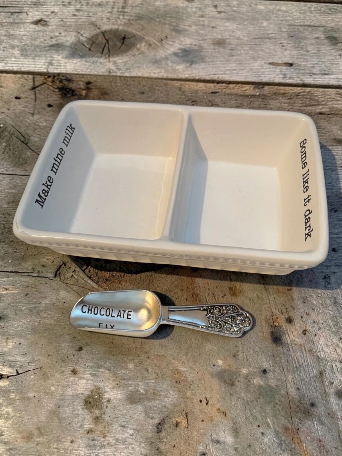 Mud Pie Ceramic Divided Dish With "Make Mine Milk" & Decorative Metal "Chocolate