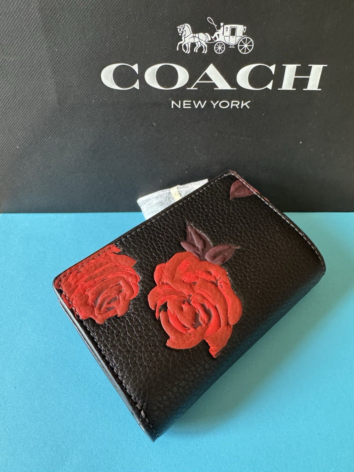 NWT Coach Medium Corner Zip Wallet With Floral Print Leather Black/ Red