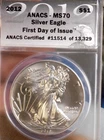 AMERICAN SILVER EAGLE 2012 ANACS MS 70 1 TROY OZ BLAZING WHITE