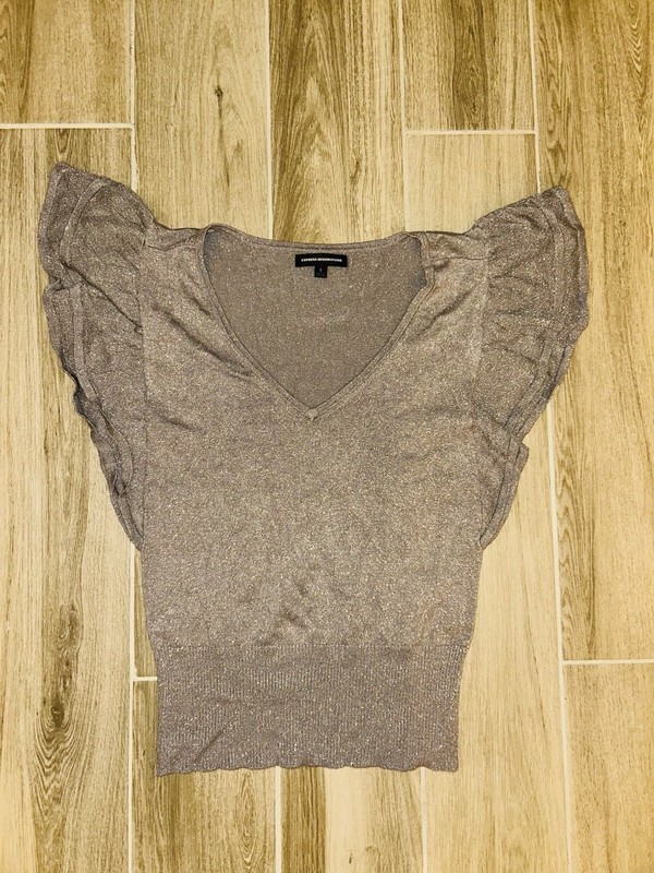 Express Gray Silver Short Sleeve Flutter Shimmer Sparkle Small Top Shirt