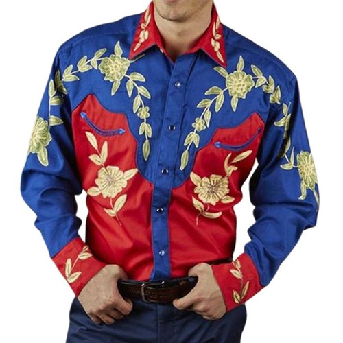 Floral Luxury Men Western Cowboy Long Sleeve Button Up Shirt Mexican Dress - Picture 12 of 15